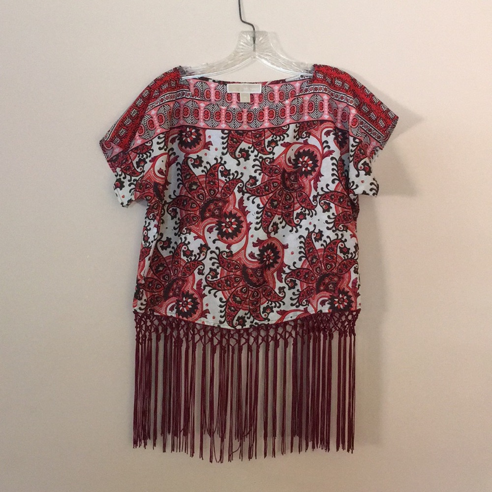 Michael Kors Red Floral Fringe Blouse Top Sz XS